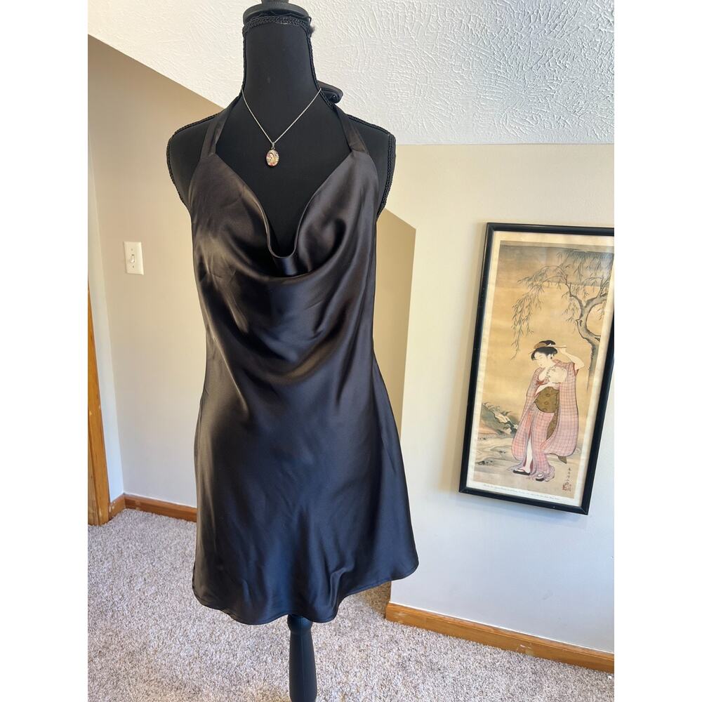 Canton Walker LBD Satin Mini Dress Halter Cowl Neck Black Small Cocktail